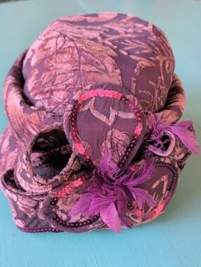 Vintage Ms Devine Purple Floral Church Derby Hat with Sequin & Feather Trim